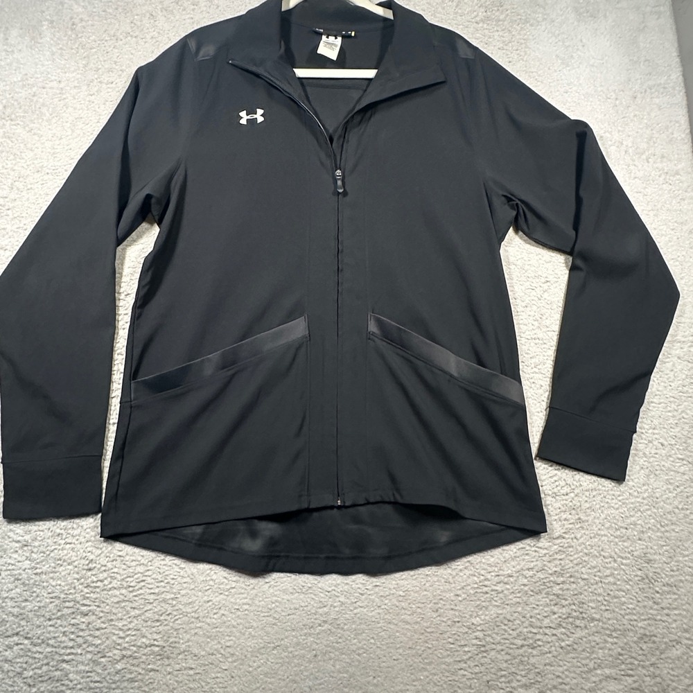 Under Armour Track Jacket Women LG Black Full Zip Satin Trim 1258832 Sporty